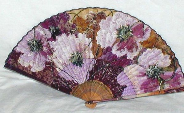Antique or Vintage Hand Painted over Print Chinese Fan Flower Blossom Birds