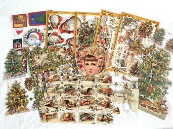 Set 22 :  Christmas Tree Angels Cherubs Robins Snow x 12 Sheets scraps lithograph 