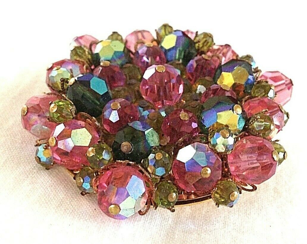 Antique Vintage Aurora Borealis Pearls pastels Flower Basket Brooch Pin C19