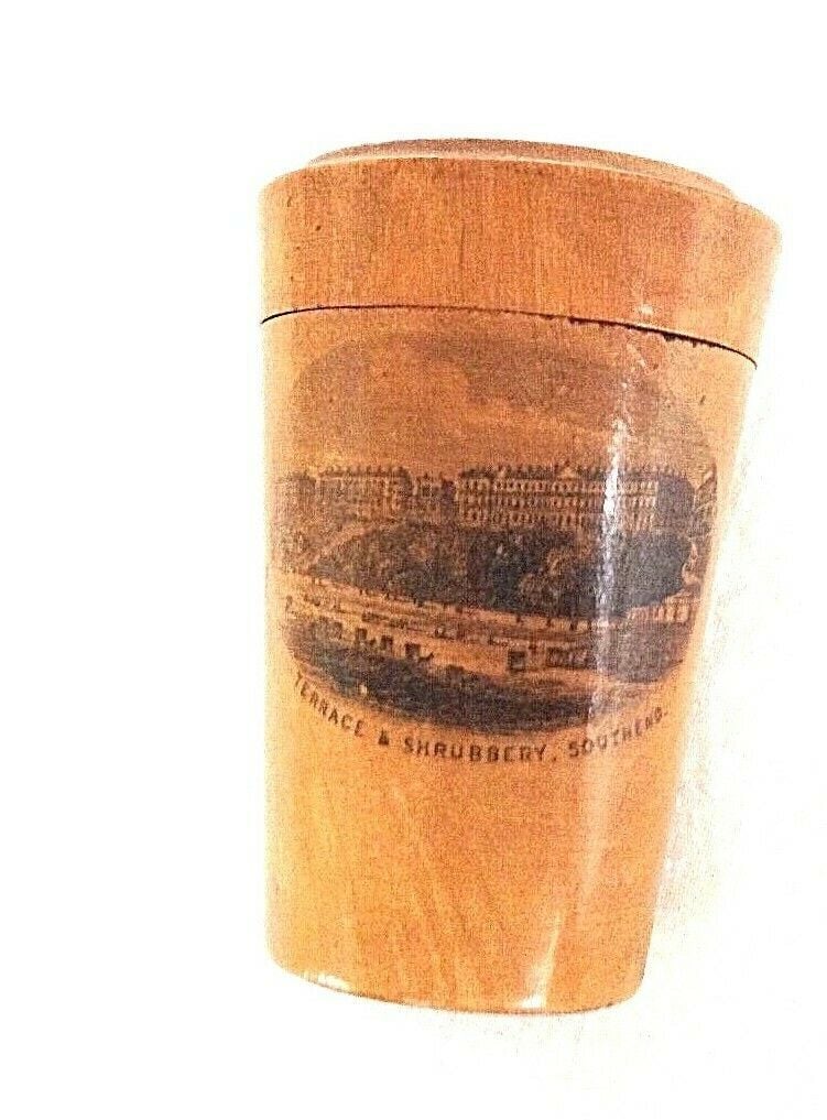 Antique Mauchline ware treen beaker box Terrace & Shrubbery Southend