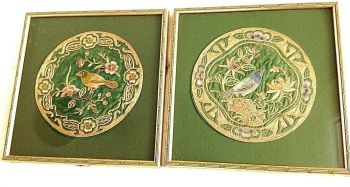 Antique Chinese embroidered silk panels textile gold thread song birds flowers