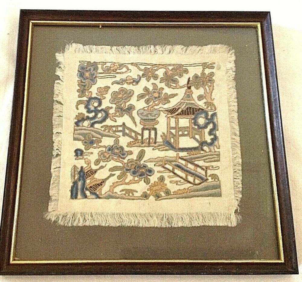Antique Chinese embroidered Needlepoint on silk textile panel