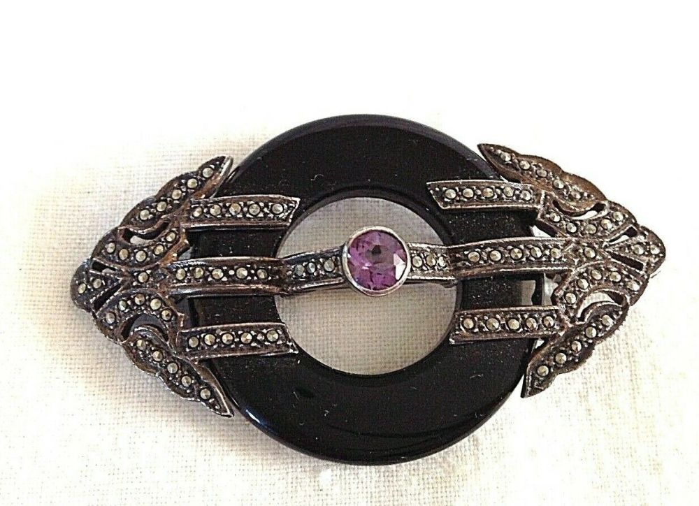 Antique Scottish grey agate silver brooch pin inscription 1867 Mrs Babingto