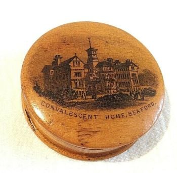 Antique Victorian Mauchline ware pin or pill box Convalescent Home Seaford