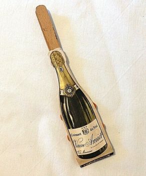 Antique French Champagne bottle advertising fan Christmas decoration crepe