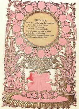 Antique Victorian Birthday card paper lace cherubs lozenge stamp gold embossed