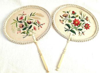 Antique Victorian embroidered face fans Flowers Floral on Gauze carved handles