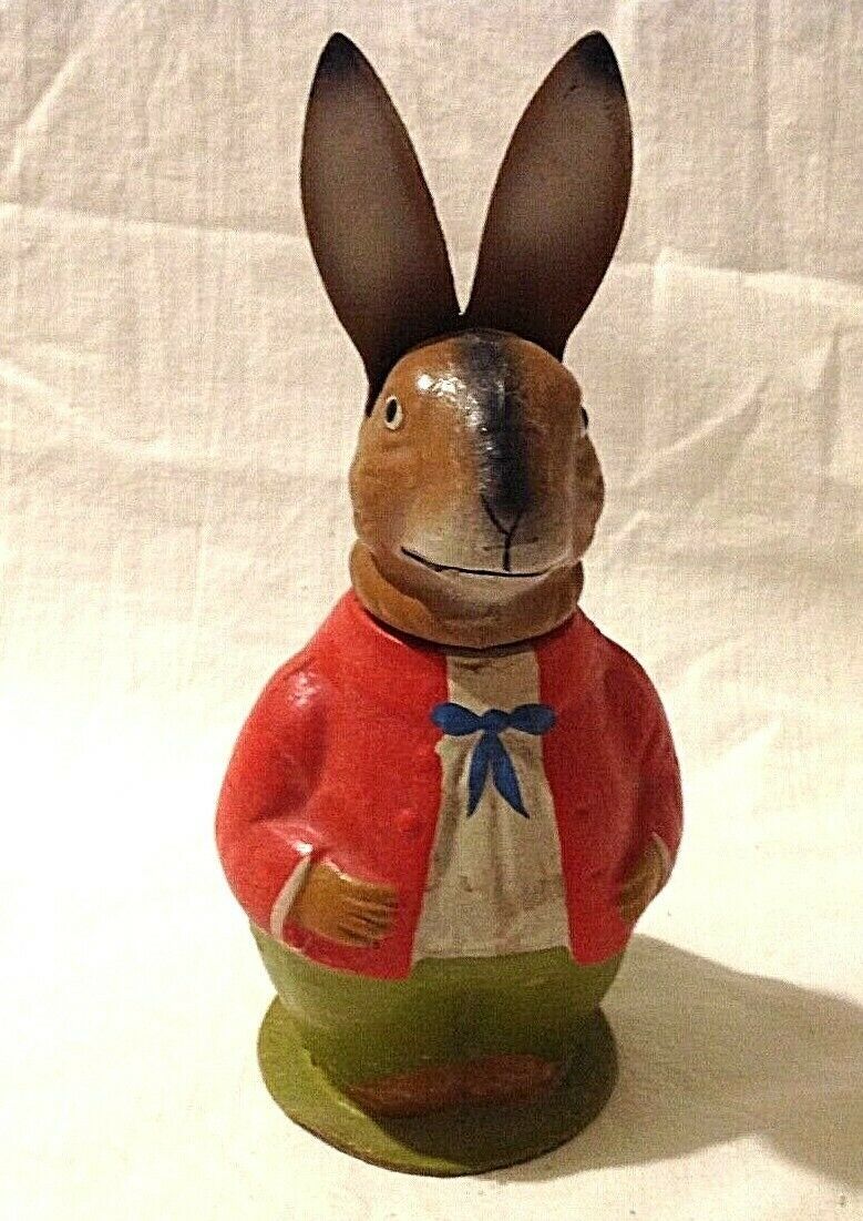 Antique rabbit Easter bunny & cart candy chocolate sweets container 