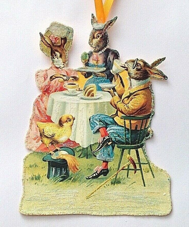 Antique Victorian style Easter bunny's taking tea decoration Hand made arti