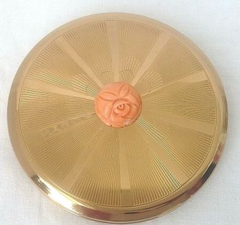 Vintage powder compact gold tone rose coral carved decoration