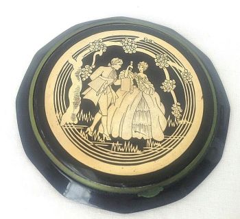 Vintage powder compact Art Deco green and black celluloid gold decoration