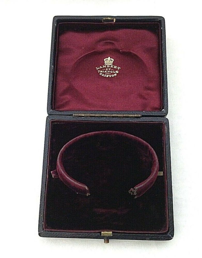 Antique bangle watch or bracelet Jewelery display box tooled leather velvet
