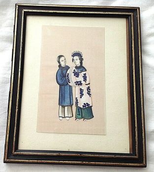 Antique Chinese watercolour pith paper framed embroidery robe shoes women