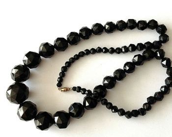 Antique Victorian Whitby jet large bead necklace