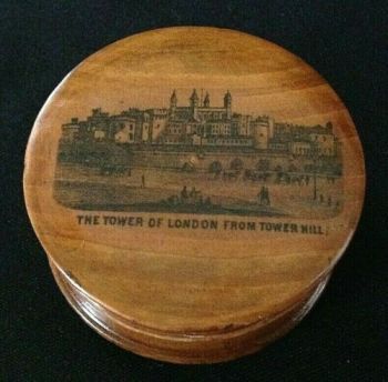 Antique treen Mauchline ware trinket pot The Tower of London from Tower Hill