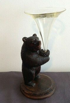 Antique Black Forest glass eupergne holder carved wood wooden bear