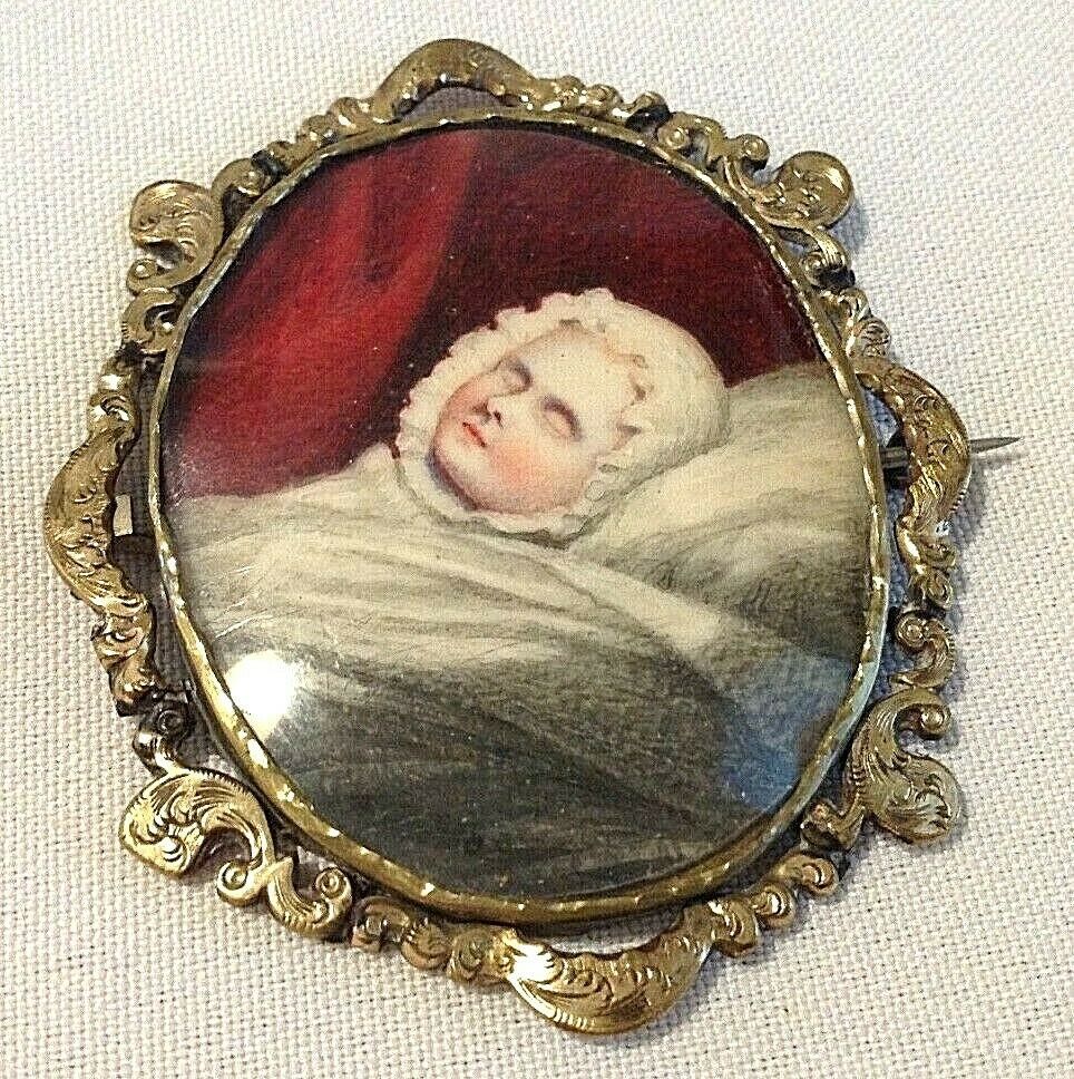 Antique miniature painting child portrait gild frame watercolour signed L F