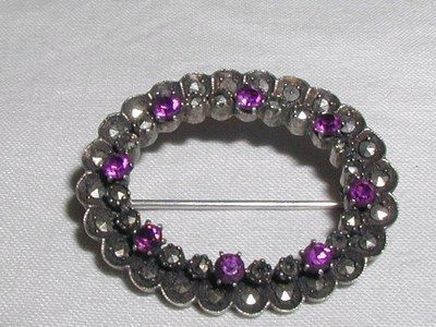 Antique Sterling Silver Marcasite Amethyst Brooch Pin 