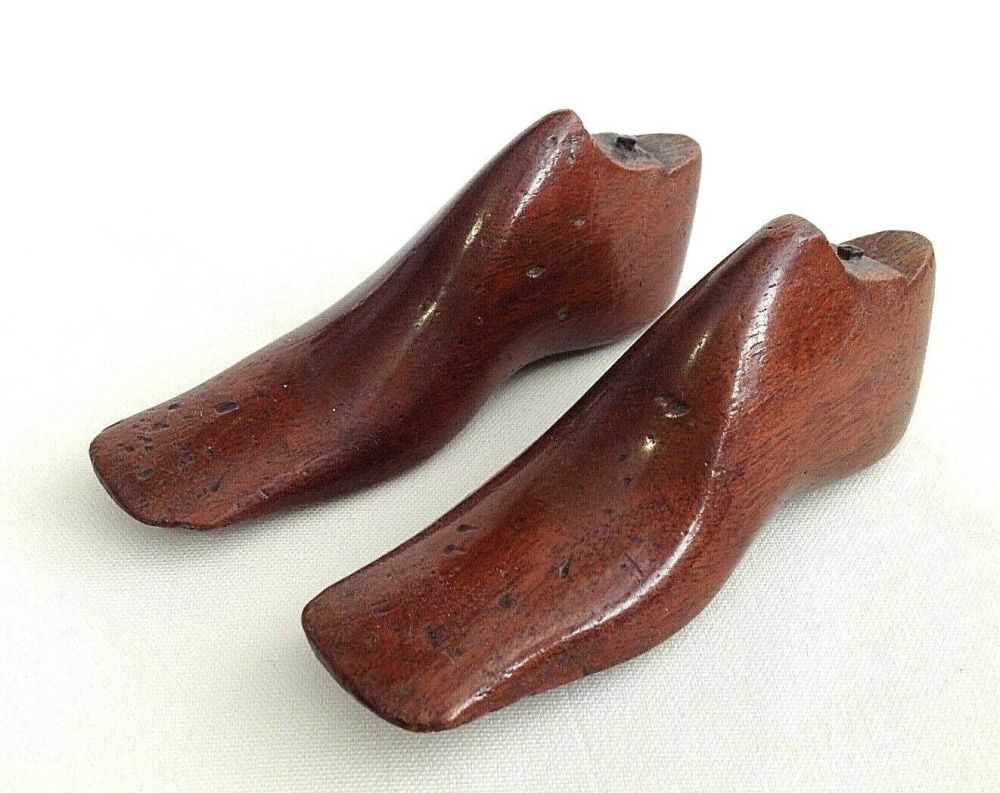 Antique pair carved wood wooden shoe lasts