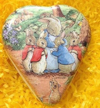 An Easter heart shaped gift box bunny Beatrix Potter Peter Rabbit family Vintage style 12 cm
