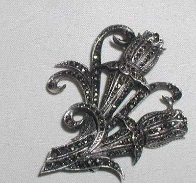 Antique Art Deco Sterling Silver Marcasite Brooch Pin 