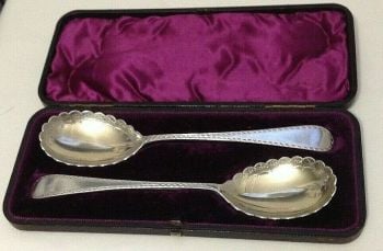 Antique pair of silver plate Victorian spoons in box C1880s James Dixon & Son