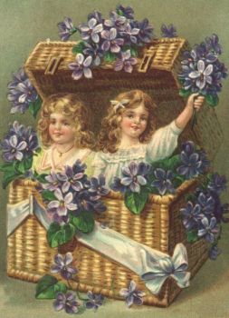 Antique Style Post Card Violets little girls in basket birthday or mothers day