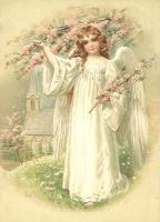2 Antique Style Post Card Violets little angel Easter or Holy Communion 