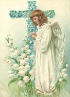 3 Antique Style Post Card Violets little angel Easter or Holy Communion 