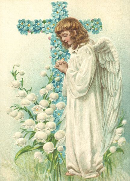 2 Antique Style Post Card Violets little angel Easter or Holy Communion 