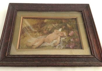 Antique small oil over print on board fairy cherub angel painting