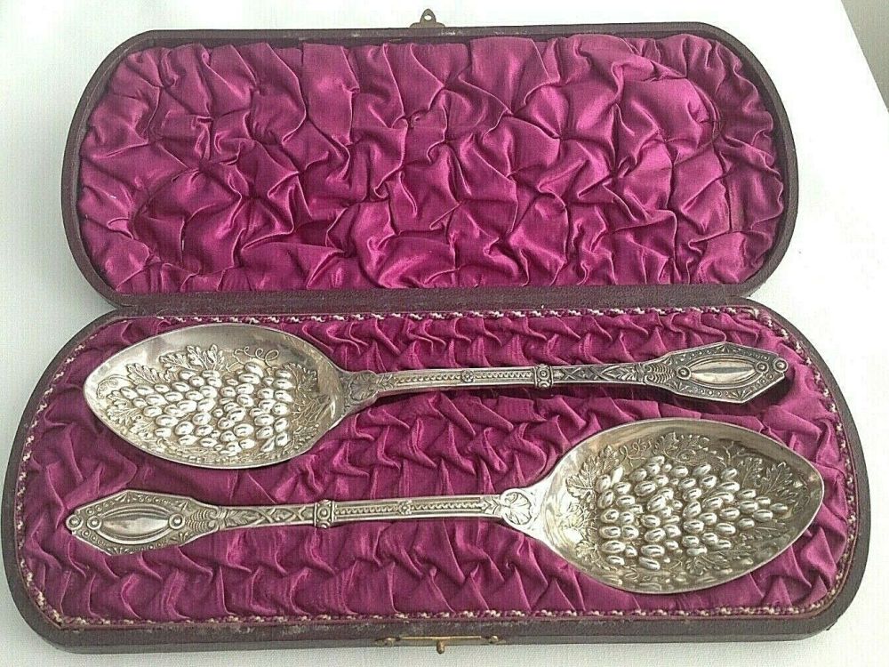 Antique pair of silver plate Victorian spoons in box C1880s James Dixon & S