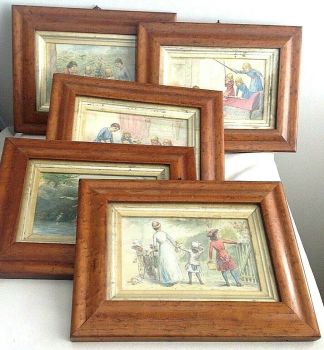 Antique set of 5 late Victorian paintings nursery pen ink & water colour