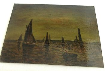 Antique oil painting signed Mathias on board sea scape sailing boats