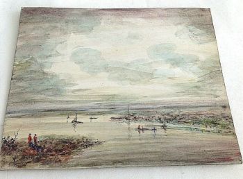 Antique oil painting signed Mathias on board lake scene boats WW1 interest
