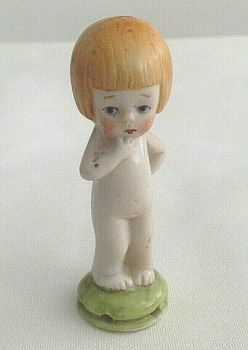 Antique ceramic half doll German little girl with bobbed hair