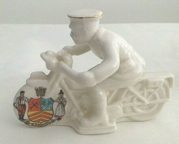 Antique WW1 crested china dispatch rider crest for Bargoed wales