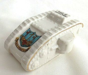Antique WW1 crested china model of a British tank Weymouth crest Regis