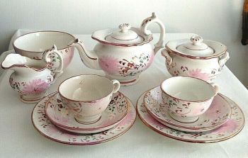 Antique early Victorian ceramic tea for 2 set tea pot saucers Plate sugar bowl