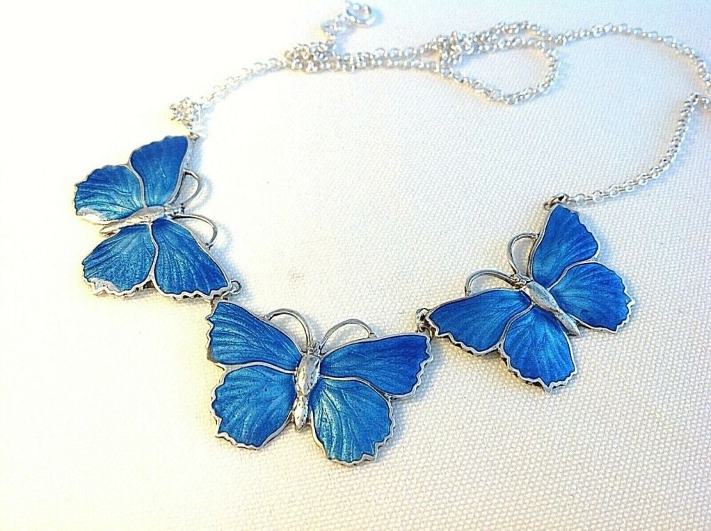 Antique style sterling silver blue Artisan enamelled butterfly necklace