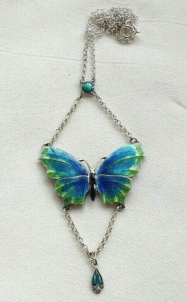 Antique style sterling silver blue Artisan enamelled butterfly necklace