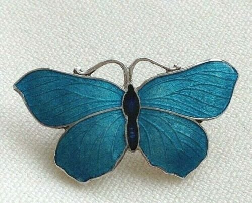 Antique style sterling silver blue Artisan enamelled butterfly brooch pin e
