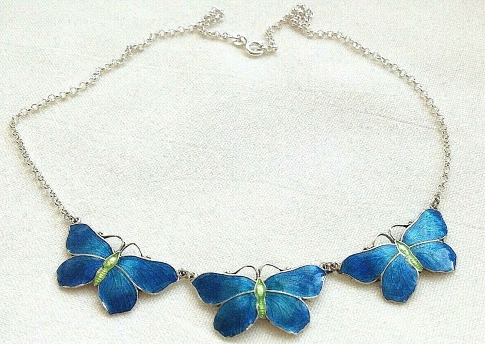 Antique style sterling silver Artisan enamelled butterfly brooch pin enamel