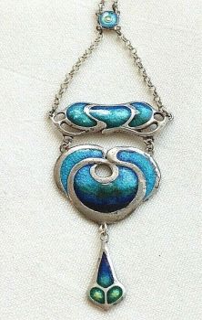 Antique style sterling silver blue Artisan enamelled Art Nouveau necklace