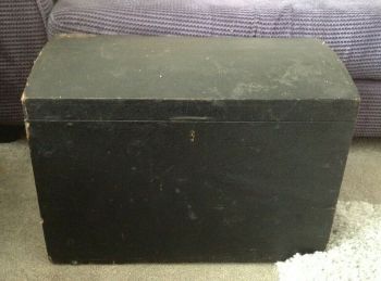 Antique Victorian dome top Camphor wood trunk with labels and lock