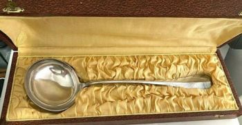 Antique French silver plate ladle in fitted box Lion hallmark stamp