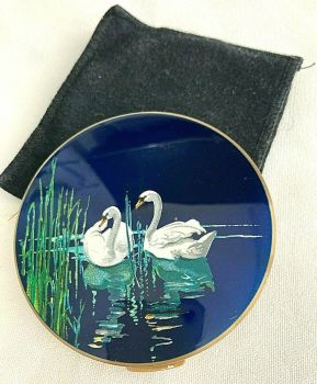 Vintage enamel enamelled powder compact swans by Stratton with pouch