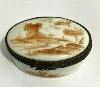 Antique Victorian pill or patch box with sepia tone castle keep design