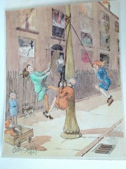 Vintage mid 20th street scene signed Gallie watercolour 1947