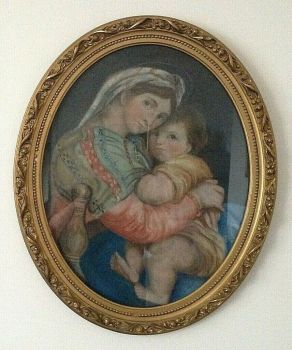 Antique 19th century Victorian Virgin & Child Madonna pastel painting gilt frame